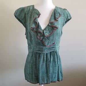 Anthropologie odille 100% silk greenwhite wavy top